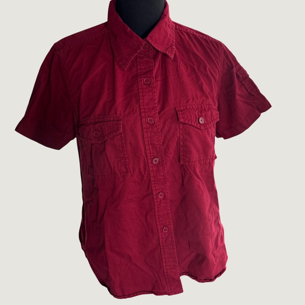 Faded Glory Mens Medium Berry Red Short Sleeve Button Down Utility Shirt FG15102